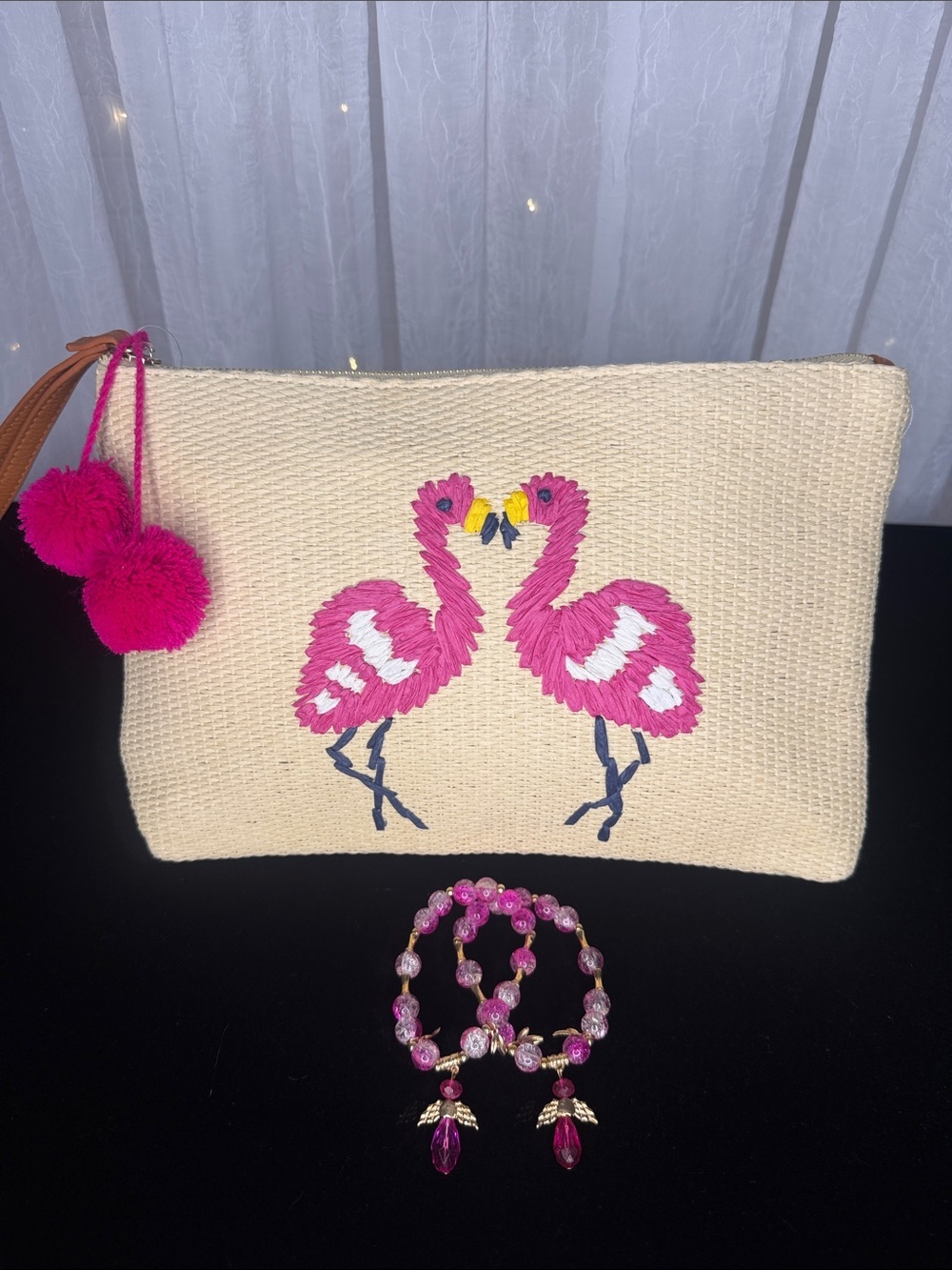 Old Navy Cream Straw Clutch with Pink Flamingo Embroidery and Pink Bracelets